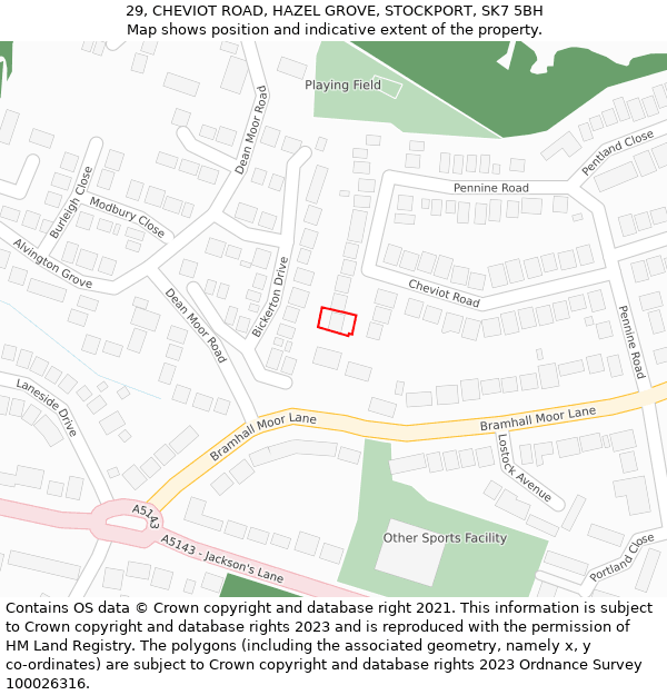 29, CHEVIOT ROAD, HAZEL GROVE, STOCKPORT, SK7 5BH: Location map and indicative extent of plot