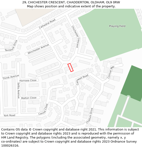 29, CHICHESTER CRESCENT, CHADDERTON, OLDHAM, OL9 0RW: Location map and indicative extent of plot