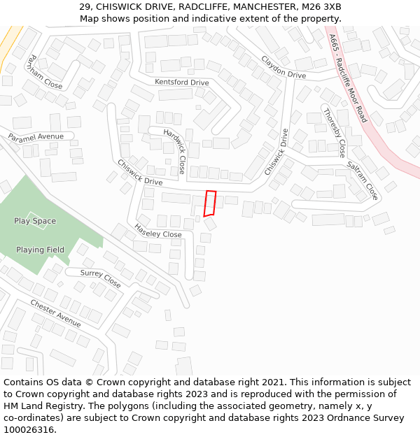 29, CHISWICK DRIVE, RADCLIFFE, MANCHESTER, M26 3XB: Location map and indicative extent of plot