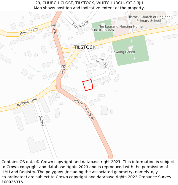 29, CHURCH CLOSE, TILSTOCK, WHITCHURCH, SY13 3JH: Location map and indicative extent of plot