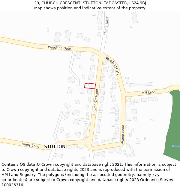 29, CHURCH CRESCENT, STUTTON, TADCASTER, LS24 9BJ: Location map and indicative extent of plot
