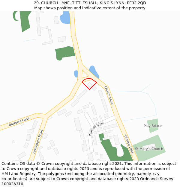 29, CHURCH LANE, TITTLESHALL, KING'S LYNN, PE32 2QD: Location map and indicative extent of plot