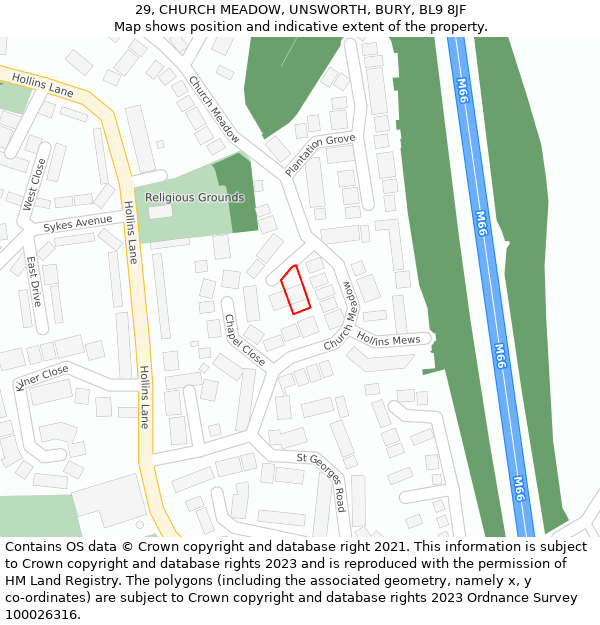 29, CHURCH MEADOW, UNSWORTH, BURY, BL9 8JF: Location map and indicative extent of plot