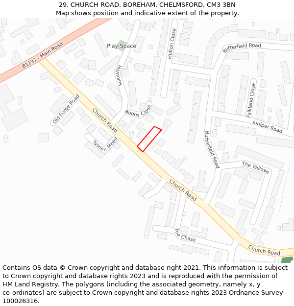 29, CHURCH ROAD, BOREHAM, CHELMSFORD, CM3 3BN: Location map and indicative extent of plot