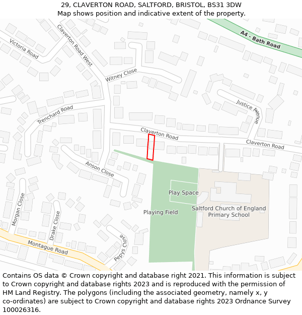 29, CLAVERTON ROAD, SALTFORD, BRISTOL, BS31 3DW: Location map and indicative extent of plot