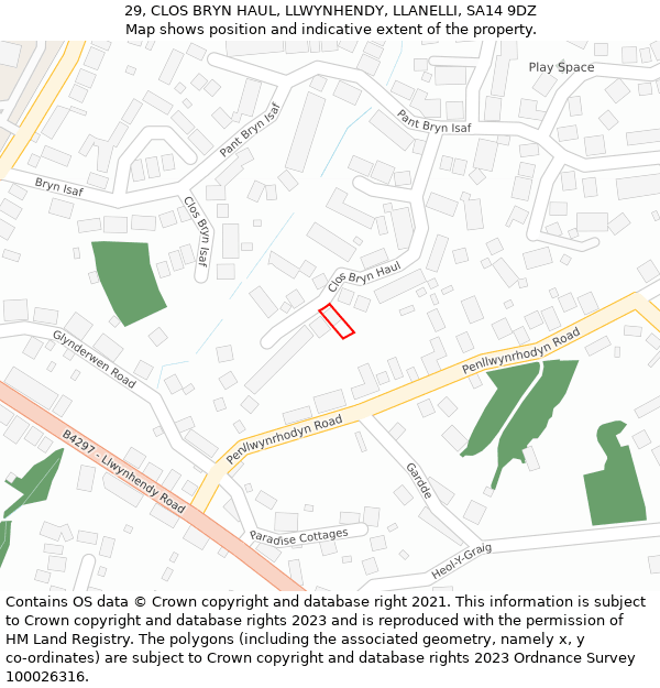 29, CLOS BRYN HAUL, LLWYNHENDY, LLANELLI, SA14 9DZ: Location map and indicative extent of plot