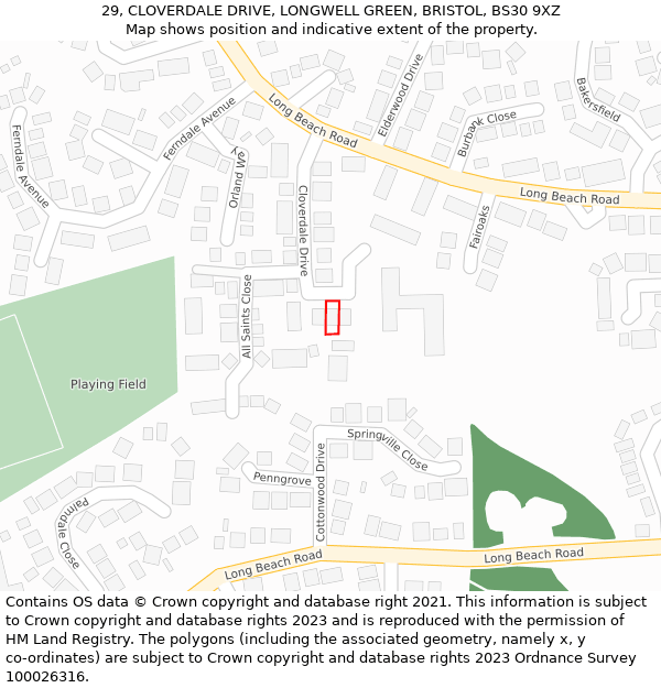 29, CLOVERDALE DRIVE, LONGWELL GREEN, BRISTOL, BS30 9XZ: Location map and indicative extent of plot