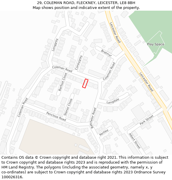 29, COLEMAN ROAD, FLECKNEY, LEICESTER, LE8 8BH: Location map and indicative extent of plot