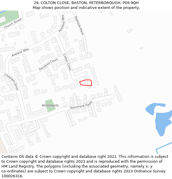 29, COLTON CLOSE, BASTON, PETERBOROUGH, PE6 9QH: Location map and indicative extent of plot