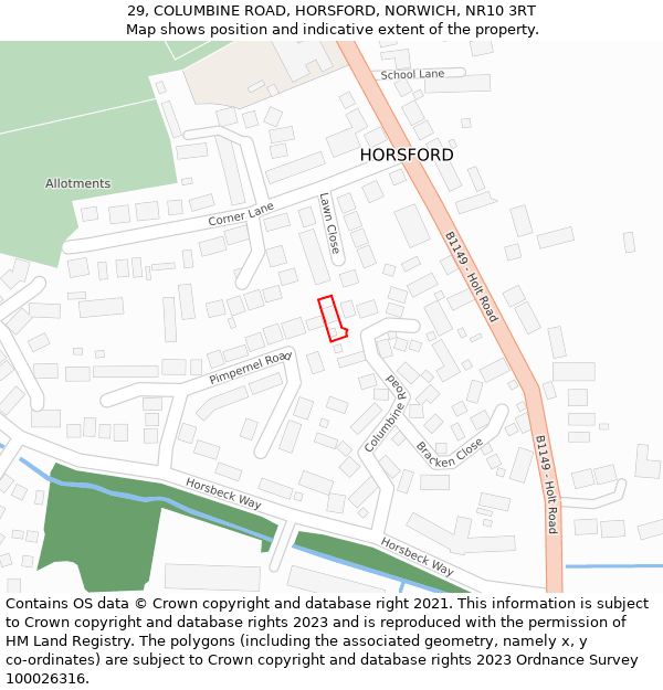 29, COLUMBINE ROAD, HORSFORD, NORWICH, NR10 3RT: Location map and indicative extent of plot