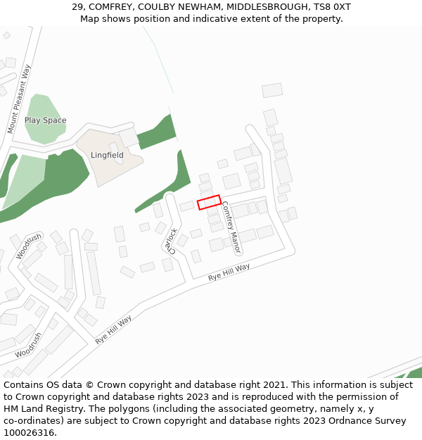 29, COMFREY, COULBY NEWHAM, MIDDLESBROUGH, TS8 0XT: Location map and indicative extent of plot
