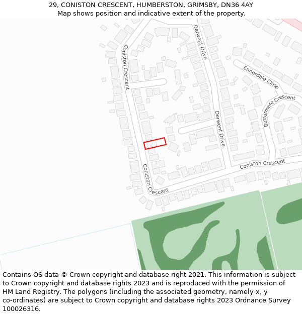 29, CONISTON CRESCENT, HUMBERSTON, GRIMSBY, DN36 4AY: Location map and indicative extent of plot