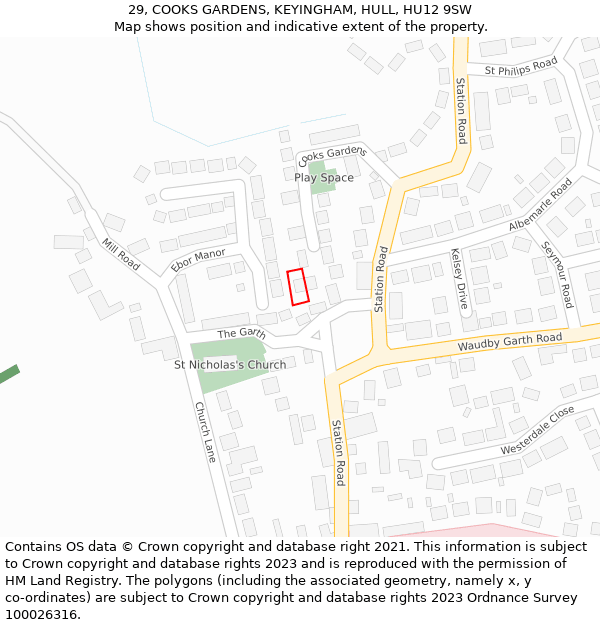 29, COOKS GARDENS, KEYINGHAM, HULL, HU12 9SW: Location map and indicative extent of plot