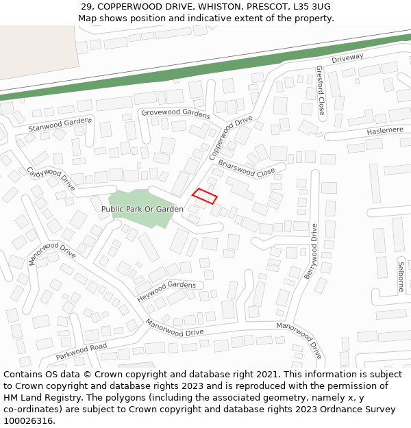 29, COPPERWOOD DRIVE, WHISTON, PRESCOT, L35 3UG: Location map and indicative extent of plot