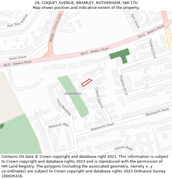 29, COQUET AVENUE, BRAMLEY, ROTHERHAM, S66 1TU: Location map and indicative extent of plot