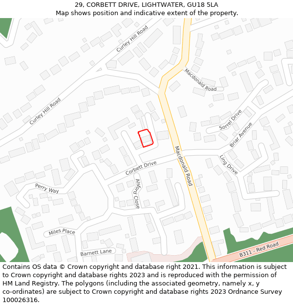 29, CORBETT DRIVE, LIGHTWATER, GU18 5LA: Location map and indicative extent of plot