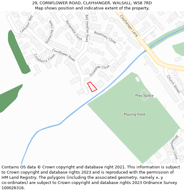 29, CORNFLOWER ROAD, CLAYHANGER, WALSALL, WS8 7RD: Location map and indicative extent of plot
