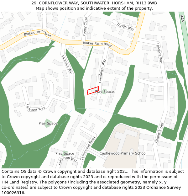 29, CORNFLOWER WAY, SOUTHWATER, HORSHAM, RH13 9WB: Location map and indicative extent of plot