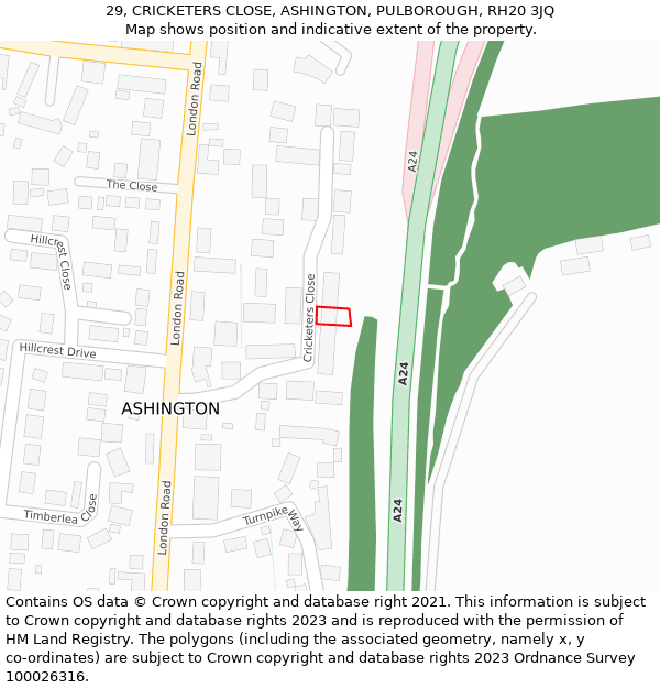 29, CRICKETERS CLOSE, ASHINGTON, PULBOROUGH, RH20 3JQ: Location map and indicative extent of plot