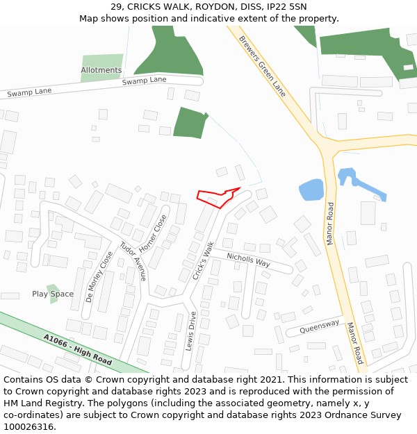 29, CRICKS WALK, ROYDON, DISS, IP22 5SN: Location map and indicative extent of plot