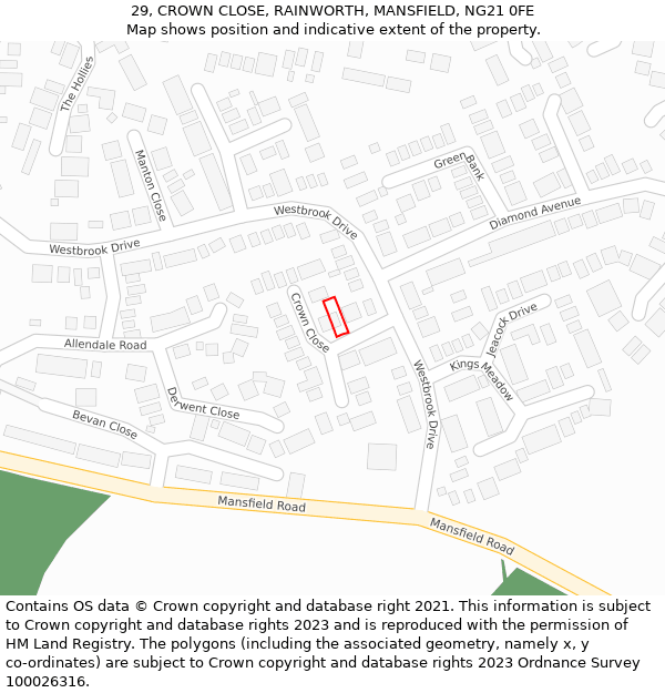 29, CROWN CLOSE, RAINWORTH, MANSFIELD, NG21 0FE: Location map and indicative extent of plot