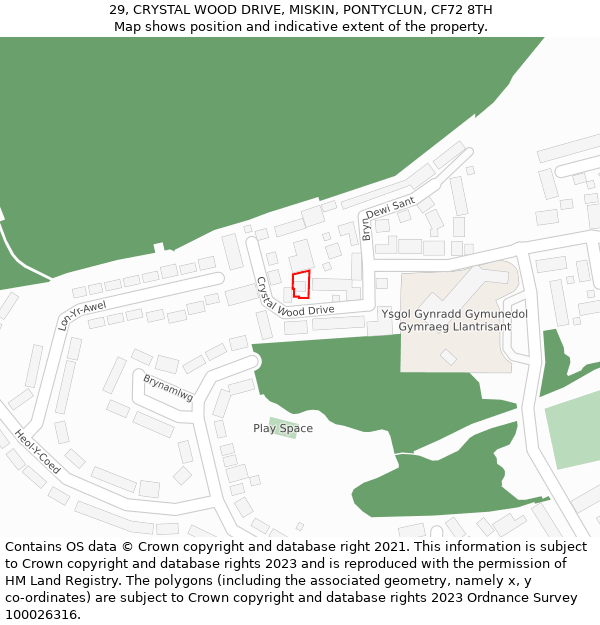 29, CRYSTAL WOOD DRIVE, MISKIN, PONTYCLUN, CF72 8TH: Location map and indicative extent of plot