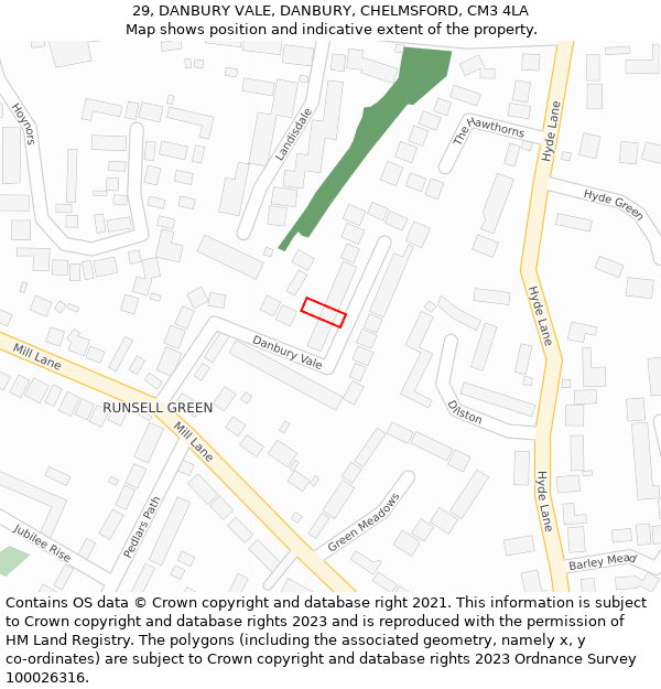 29, DANBURY VALE, DANBURY, CHELMSFORD, CM3 4LA: Location map and indicative extent of plot