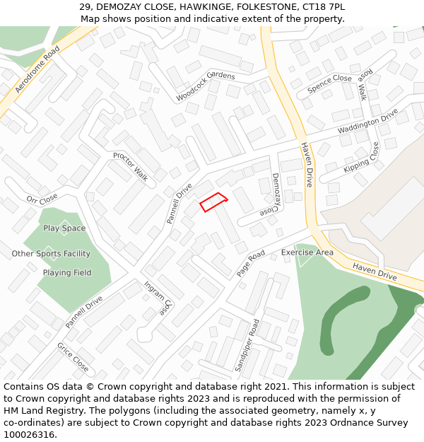 29, DEMOZAY CLOSE, HAWKINGE, FOLKESTONE, CT18 7PL: Location map and indicative extent of plot