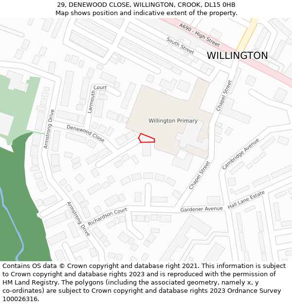 29, DENEWOOD CLOSE, WILLINGTON, CROOK, DL15 0HB: Location map and indicative extent of plot