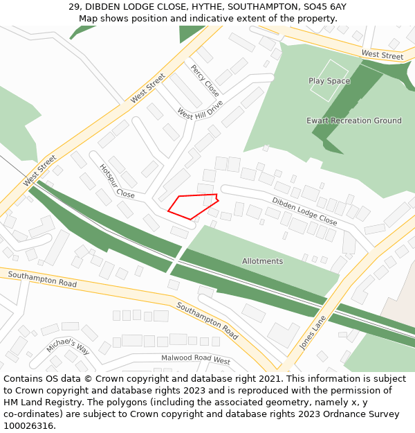 29, DIBDEN LODGE CLOSE, HYTHE, SOUTHAMPTON, SO45 6AY: Location map and indicative extent of plot