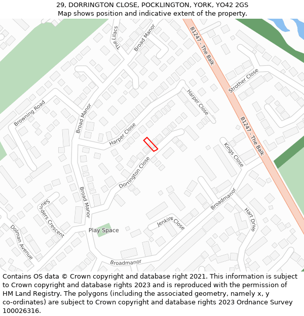 29, DORRINGTON CLOSE, POCKLINGTON, YORK, YO42 2GS: Location map and indicative extent of plot