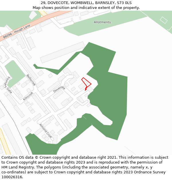 29, DOVECOTE, WOMBWELL, BARNSLEY, S73 0LS: Location map and indicative extent of plot