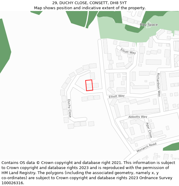 29, DUCHY CLOSE, CONSETT, DH8 5YT: Location map and indicative extent of plot