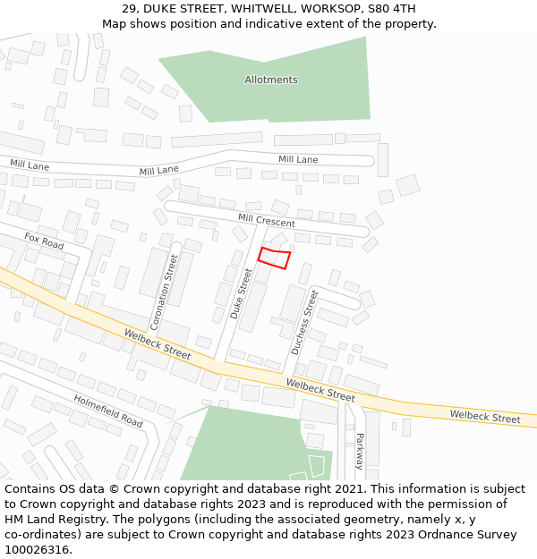29, DUKE STREET, WHITWELL, WORKSOP, S80 4TH: Location map and indicative extent of plot