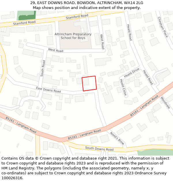 29, EAST DOWNS ROAD, BOWDON, ALTRINCHAM, WA14 2LG: Location map and indicative extent of plot