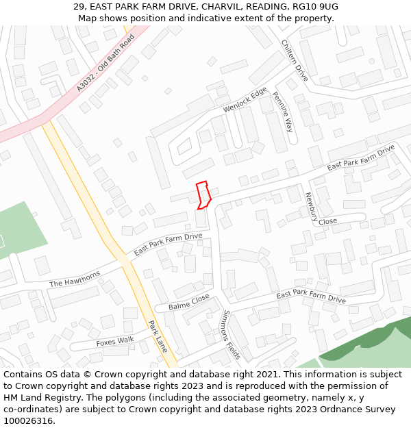 29, EAST PARK FARM DRIVE, CHARVIL, READING, RG10 9UG: Location map and indicative extent of plot