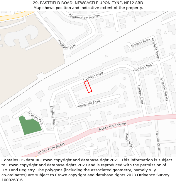 29, EASTFIELD ROAD, NEWCASTLE UPON TYNE, NE12 8BD: Location map and indicative extent of plot