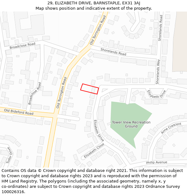 29, ELIZABETH DRIVE, BARNSTAPLE, EX31 3AJ: Location map and indicative extent of plot