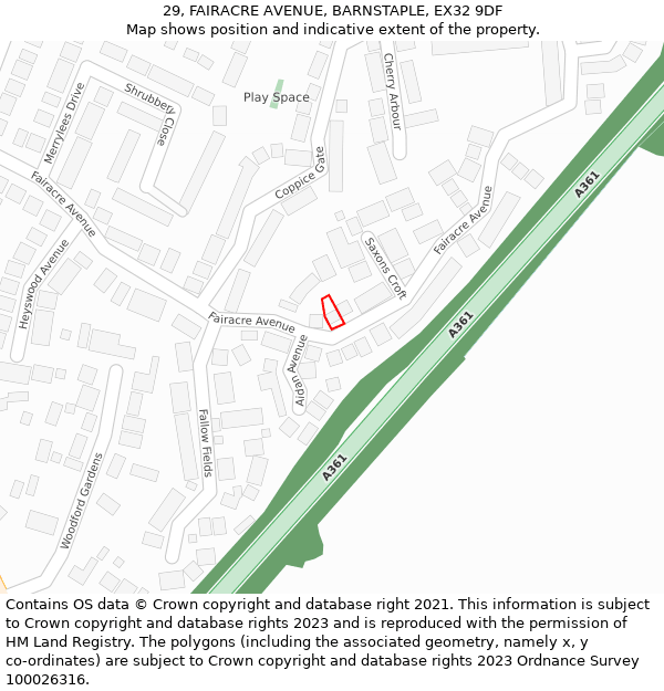 29, FAIRACRE AVENUE, BARNSTAPLE, EX32 9DF: Location map and indicative extent of plot