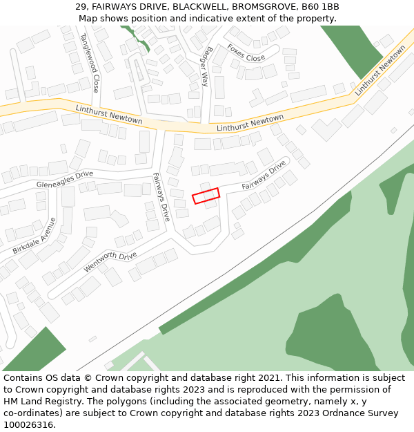 29, FAIRWAYS DRIVE, BLACKWELL, BROMSGROVE, B60 1BB: Location map and indicative extent of plot