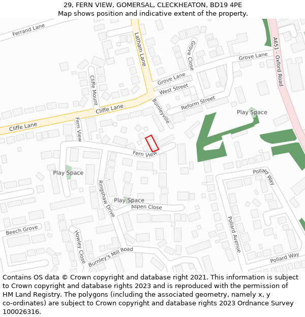 29, FERN VIEW, GOMERSAL, CLECKHEATON, BD19 4PE: Location map and indicative extent of plot