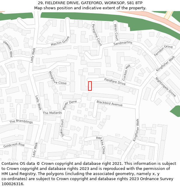 29, FIELDFARE DRIVE, GATEFORD, WORKSOP, S81 8TP: Location map and indicative extent of plot