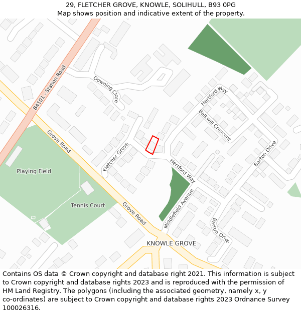 29, FLETCHER GROVE, KNOWLE, SOLIHULL, B93 0PG: Location map and indicative extent of plot