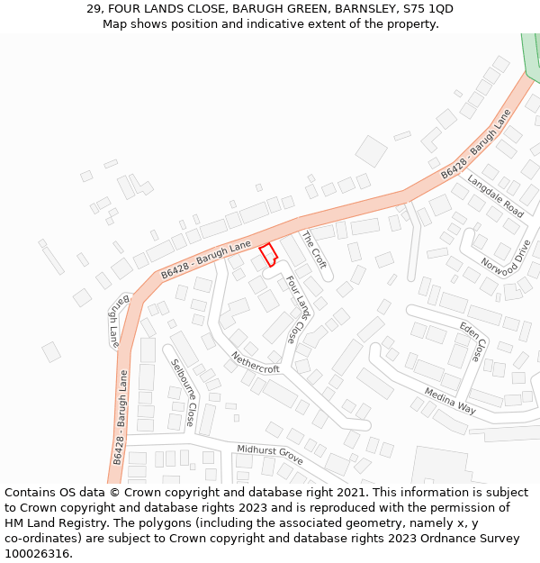 29, FOUR LANDS CLOSE, BARUGH GREEN, BARNSLEY, S75 1QD: Location map and indicative extent of plot