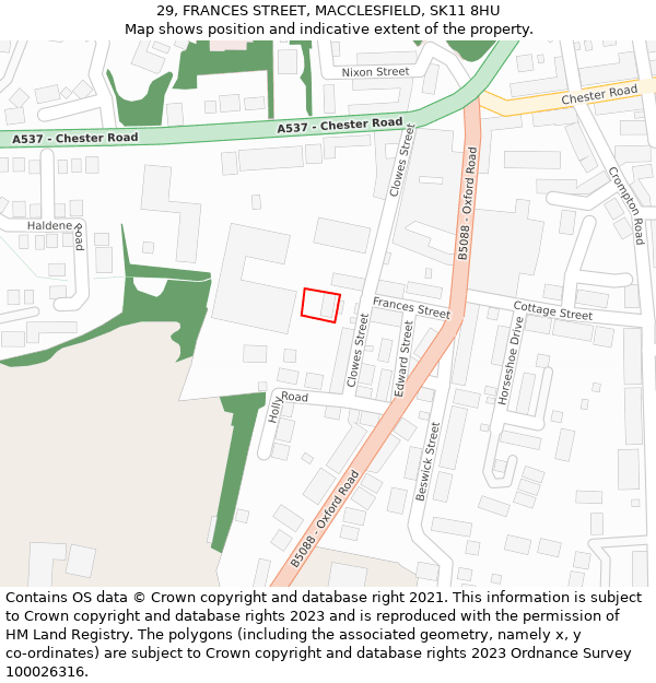 29, FRANCES STREET, MACCLESFIELD, SK11 8HU: Location map and indicative extent of plot