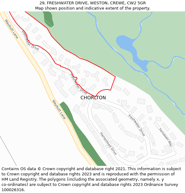 29, FRESHWATER DRIVE, WESTON, CREWE, CW2 5GR: Location map and indicative extent of plot