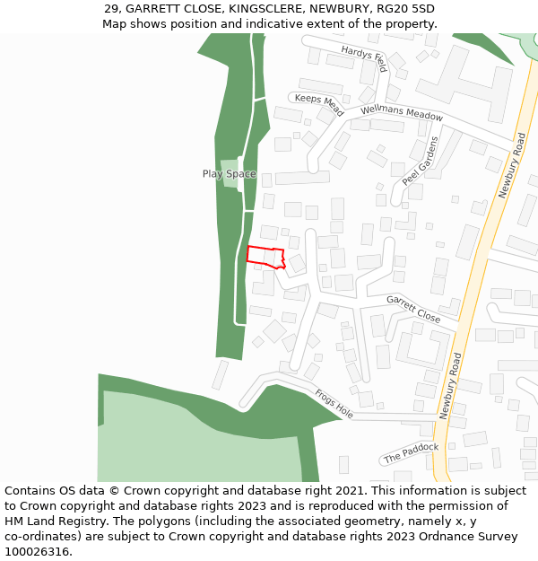 29, GARRETT CLOSE, KINGSCLERE, NEWBURY, RG20 5SD: Location map and indicative extent of plot