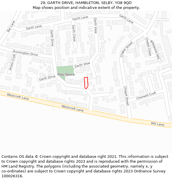 29, GARTH DRIVE, HAMBLETON, SELBY, YO8 9QD: Location map and indicative extent of plot