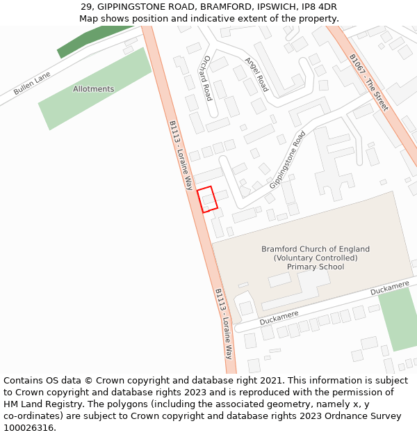 29, GIPPINGSTONE ROAD, BRAMFORD, IPSWICH, IP8 4DR: Location map and indicative extent of plot