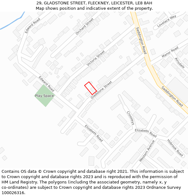 29, GLADSTONE STREET, FLECKNEY, LEICESTER, LE8 8AH: Location map and indicative extent of plot